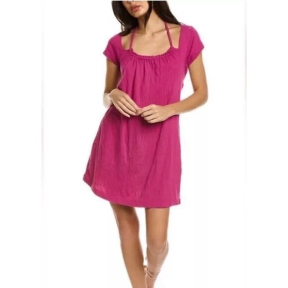 Free People Beach Vivi Fuchsia Short Sleeve Mini Dress Cover Up Size Medium - Picture 1 of 7
